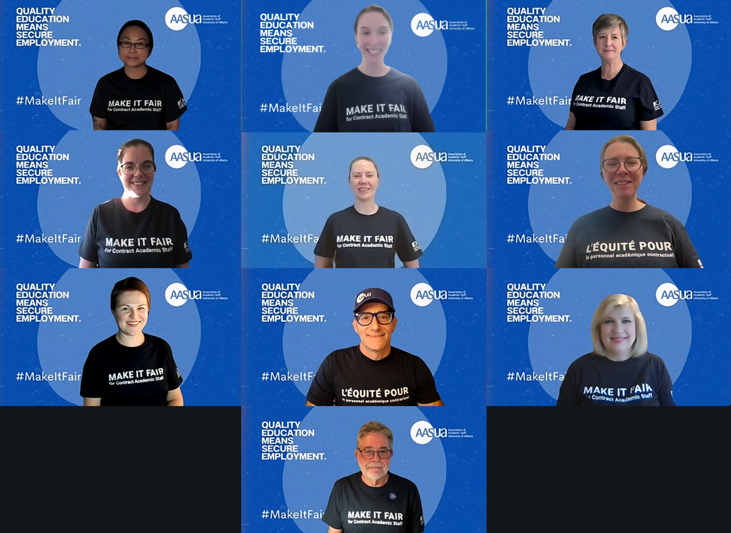 AASUA's Negotiating Team poses on Zoom with the message to Make it Fair in promotion of their demands to decrease precarious employment at the bargaining table.